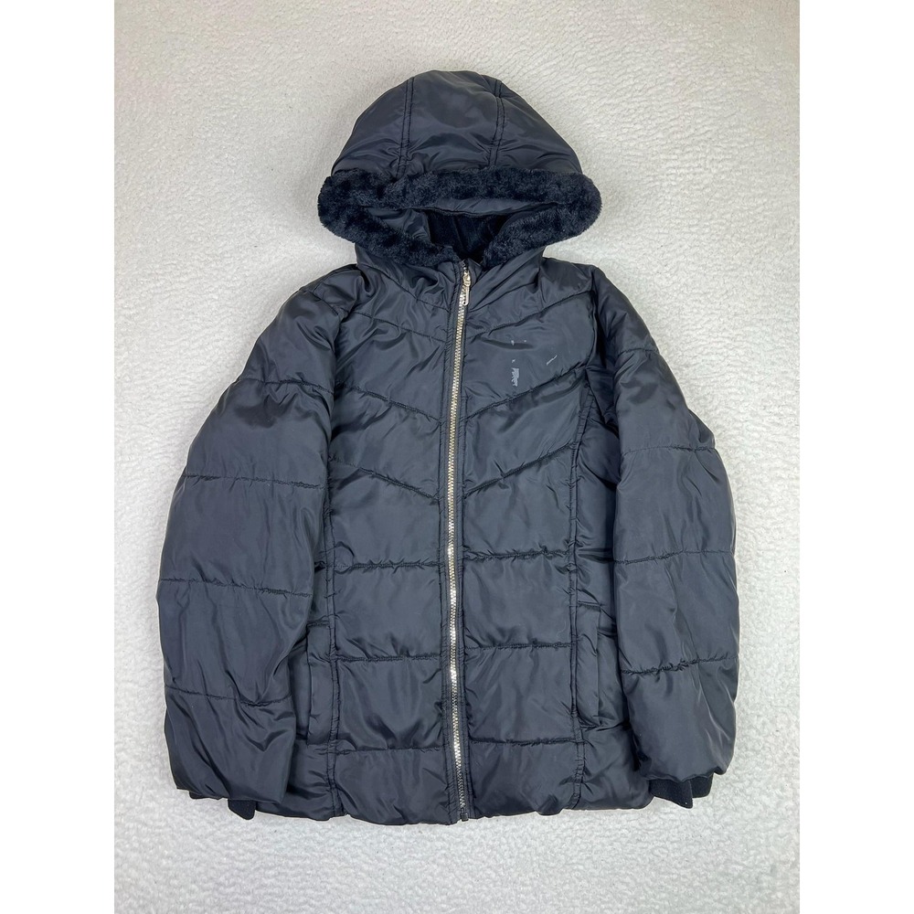 Juicy Couture Girls Black Puffer Jacket Hooded Faux Fur Lined Size 14 Coat